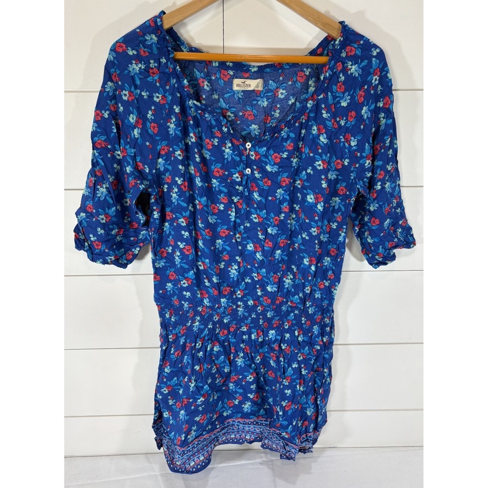 Hollister Blue Floral Peasant Dress Women's Size L Boho Smocked Waist 3/4 Sleeve